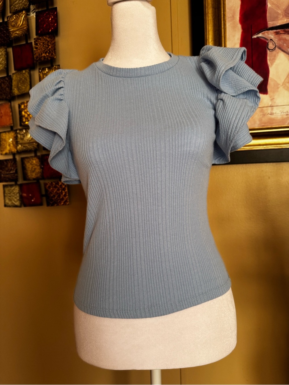 Zara Light Blue Ribbed Ruffle Sleeve Top